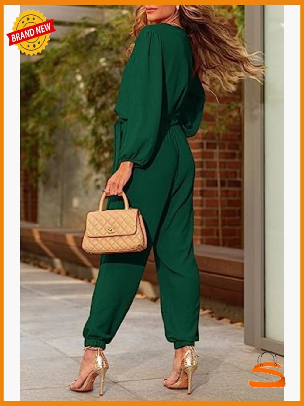 Long Sleeve V Neck Belt Pocket Jumpsuit Romper One Piece Outfit - Picture 3 of 7